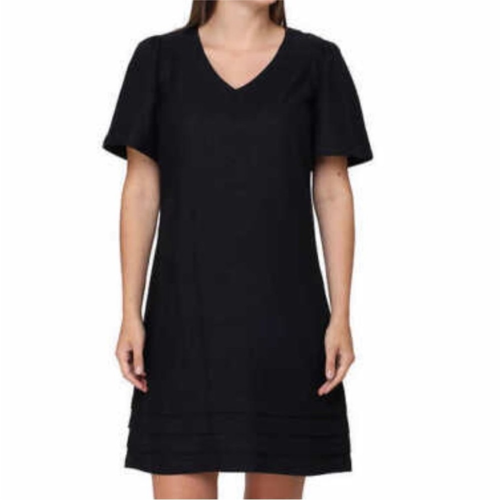 Nicole Miller Black Linen Dress V-Neck Short Sleeve Size S Mini MidiCasual Work‎ - Picture 3 of 8